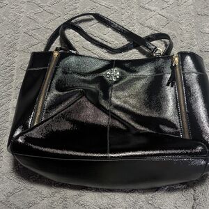 Tory Burch Ivy Patent Luxury Leather Expandable  Shimmering Black Shoulder Bag
